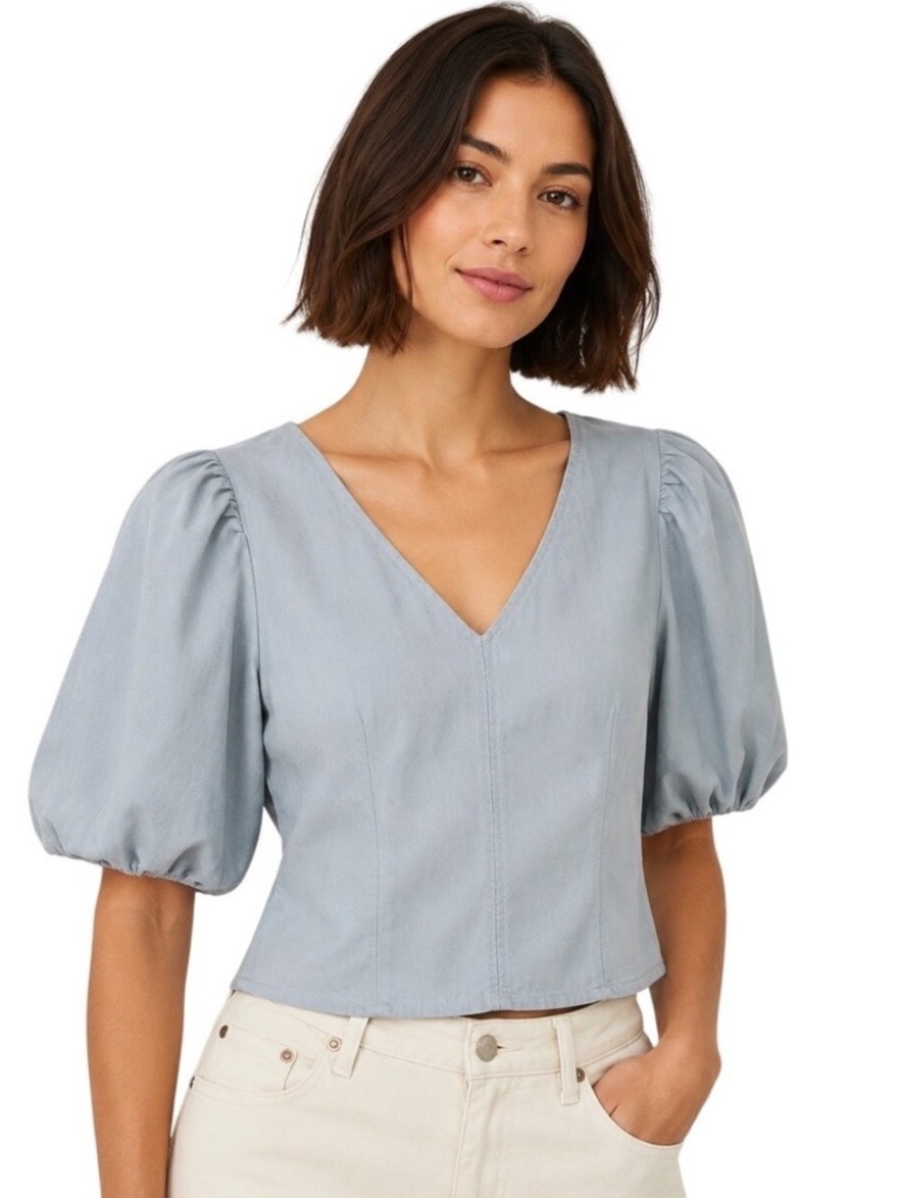 BR Bubble Sleeve V-Neck Light Blue Jean Top Size 0 NWT